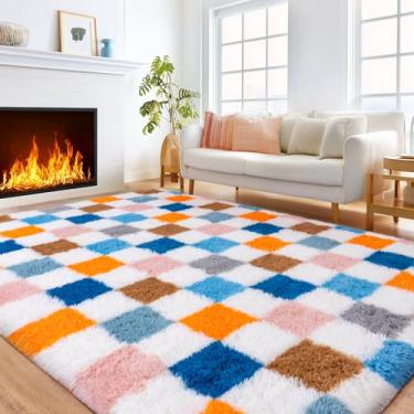 Imagem de Tapetes xadrez para sala de estar 15 x 23 cm, tapete macio e fofo para quarto, tapetes felpudos modernos para quarto de meninas, meninos, casa, berçário de adolescentes, decoração de dormitório