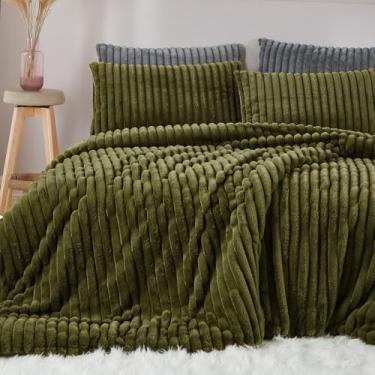 Imagem de CCoutueChen Jogo de cama Queen macio de pele sintética macia, 3 peças de flanela de veludo verde-oliva para todas as estações, 1 edredom felpudo felpudo com 2 fronhas