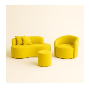 Imagem de Conjunto 01 Poltrona + Sofá e 1 Puff Curvo Orgânico Nature Gaia Suede Amarelo - Montanaris Decor
