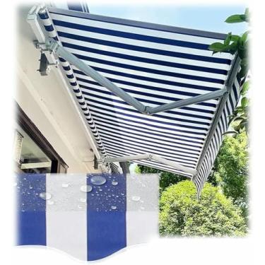 Imagem de Wzglod Tecido de substituição manual de toldo retrátil pátio externo jardim dossel de poliéster, cobertura, sombra solar, abrigo para quintal, deck, varanda azul/listras brancas.