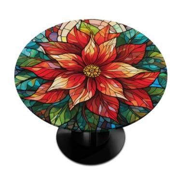 Imagem de Toalha de mesa redonda com borda elástica de vidro, poinsétia de Natal, toalha de mesa redonda limpável para ambientes internos e externos, pátio, jantar, cozinha, festival, decoração para mesas de