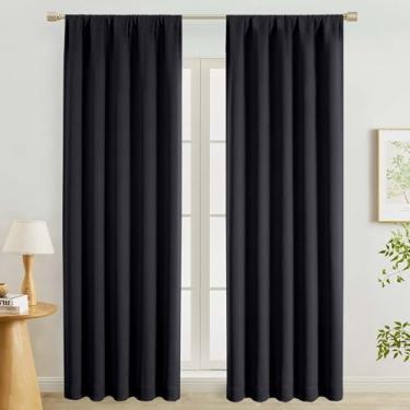 Imagem de Lecloud Cortinas blackout pretas de 2 cm de comprimento, 2 peças, cortinas de janela com bolso de haste para quarto e sala de jantar, cortinas com isolamento térmico para sala de estar, cada painel