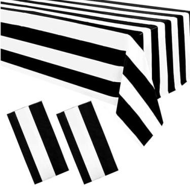 Imagem de Aunifun Pacote com 2 toalhas de mesa listradas em preto e branco, artigos de festa, descartáveis, à prova d'água, para decoração de festas de aniversário, 264 x 137 cm