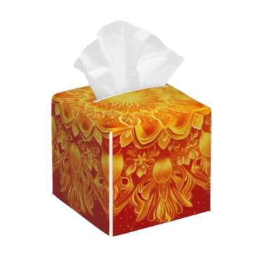 Imagem de Porta-lenços de papel quadrado de couro impermeável estilo mandala étnico laranja organizador de papel facial com cinto inferior cubo estojo de lenços para mesa, banheiro, escritório, mesa, carro