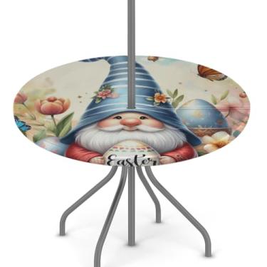 Imagem de hongjinglin Toalha de mesa de Páscoa para uso ao ar livre com orifício para guarda-chuva, toalha de mesa redonda elástica com zíper, impermeável, limpável, para piquenique, festa, pátio, serve para