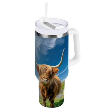 Imagem de xigua Copo Highland Cow 1,134 g com tampa e canudo, aço inoxidável de vácuo duplo isolado garrafa de água esportiva suporte para copo de café de viagem à prova de vazamento para bebida gelada