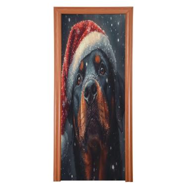 Imagem de Blueangle Rottweiler elástico em uma capa de porta de chapéu de Natal - Faixa de porta frontal de tecido elástico para Natal, decoração de festa ao ar livre em casa (526)