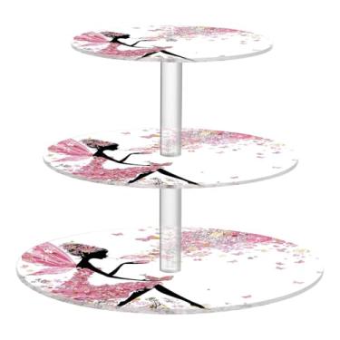 Imagem de Blueangle Suporte redondo de cupcake de 3 camadas – Torre de sobremesa acrílica de fada borboletas de flores rosa, suporte de sobremesa em camadas antiderrapante para chá de bebê, aniversário, festa
