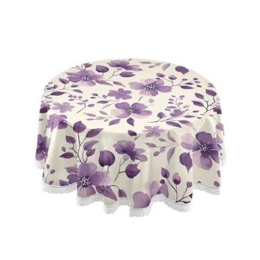 Imagem de SEHANY Elegante toalha de mesa redonda com flores roxas, 152 cm, tecido lavável sem rugas, toalha de mesa redonda com renda decorativa para restaurante, casamento, acampamento, festa Fiesta Cinco de