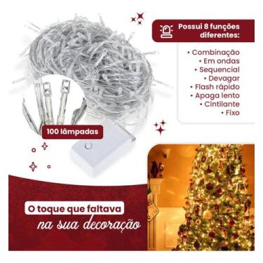 Imagem de Pisca Pisca Natal Cordão Natalino 10m 100 Led Branco Quente 8 Funções 