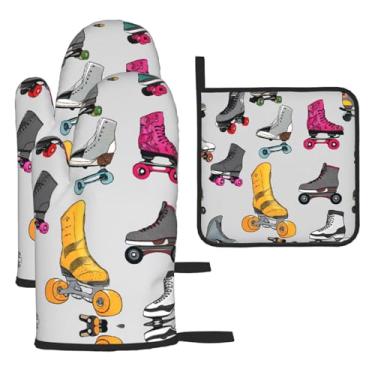 Imagem de Patins retrô coloridos – Conjunto de cozinha essencial com 3 peças, luvas seguras para calor, proteção para churrasco no forno, design de armazenamento suspenso.
