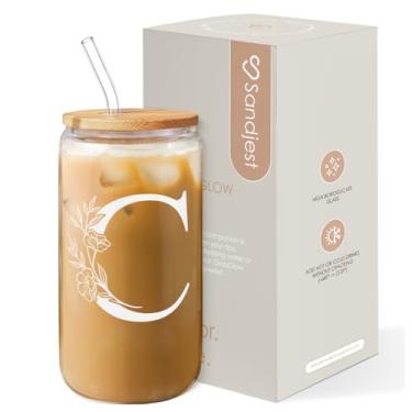 Imagem de SANDJEST Presentes com monograma para mulheres - Monograma C copo de vidro inicial 473 ml lata xícaras de café com tampa e canudo - monograma iniciais presentes para mulheres no aniversário