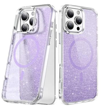 Imagem de LEMAXELERS Capa protetora para iPhone 16 Pro Max com glitter transparente, compatível com MagSafe, brilhante, brilhante, fina, à prova de choque, para mulheres e meninas iPhone 16 Pro Max, roxo