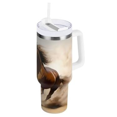 Imagem de STAYTOP Copo para cavalos de corrida de 1,134 g com tampa e canudo, copo isolado de aço inoxidável durável à prova de vazamento com alça, garrafas de água à prova de derramamento para viagens