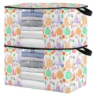 Imagem de Burbuja Pacote com 2 organizadores de bolsa de armazenamento com alças para roupas, cobertores, roupa de cama, gatos brancos em abóboras, bolsa de armazenamento dobrável com zíper e janela