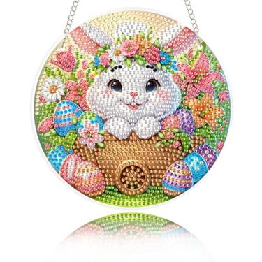 Imagem de Eiflow Kit de arte de diamante de vidro, enfeite para pendurar, kit de pintura de diamantes de vitral faça você mesmo, pingente de pintura de arte de diamante de cristal broca completa (coelhinho da