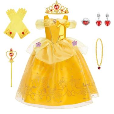 Imagem de BSBUY Fantasia de Belle Crianças Meninas, Vestido de 7 Peças Crianças com Coroa Jóias Luvas Varinha Mágica Colar e Anéis Fantasia de Princesa para Disfarce Carnaval Aniversário Halloween Fantasia