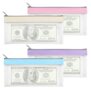 Imagem de Sacos de dinheiro com zíper, 4 envelopes transparentes reutilizáveis para dinheiro, sacos de depósito bancário, bolsa multiuso de 4 cores, bolsa de moedas de Natal para cosméticos, faturas, contas