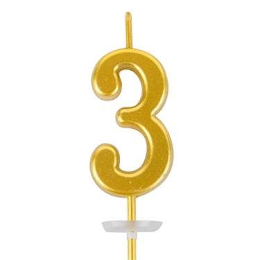 Imagem de Vela de bolo de feliz aniversário número - Vela CARGEN com placa de base para decoração de bolos em festas de aniversário e comemorações de aniversário de casamento, dourada, número 3