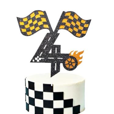 Imagem de Racing Car 4th Birthday Cake Topper. Checkered Flag, Race Track, Fire Wheel Cake Decoration Set for Boy's 4 Years old Birthday Party Supply