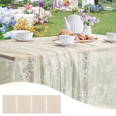 Imagem de SoarDream Toalha de mesa de renda marfim tecido de renda de casamento 152 x 304 cm, 4 peças, sobreposição de renda vintage, retangular, decoração de eventos ao ar livre, toalha de mesa de renda