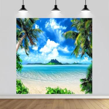 Imagem de Pano de fundo para fotos de praia tropical de 1,8 m de coqueiro, ilha de palmeira, fundo fotográfico, decoração de festa de verão, tema de férias, retrato de bebê recém-nascido, vídeo, decoração de