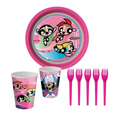 Imagem de Kit Festa Meninas Superpoderosas 8 Copos 200 ml 8 Pratos 18 cm 8 Garfo