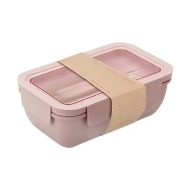 Imagem de 1100ml Marmita lancheira pote de 2 divisórias com selo hermético para manter frescor e pauzinhos e colher(Rosa)