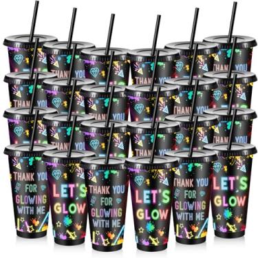 Imagem de Chuangdi 24 peças de copos de plástico neon de 680 g com tampas e copos reutilizáveis de canudo presentes para lembrancinhas de festa brilhantes decorações eventos noturnos suprimentos de aniversário