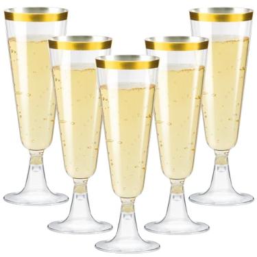 Imagem de Soelomu Pacote com 20 taças de champanhe de plástico, taças de vinho descartáveis de 156 g, taças de champanhe mimosa transparente para festas, casamentos, decorações de aniversário (aro dourado)