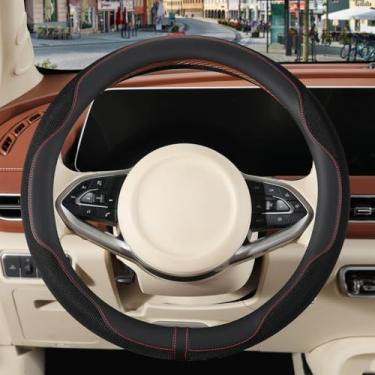 Imagem de Binsheo Capa de volante de couro Nappa, tecido respirável antiderrapante de couro de microfibra avançado, quente no inverno e fresco no verão, preto grande 39,4 cm a 40,6 cm