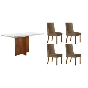 Imagem de Conjunto Sala de Jantar Berlim c/ Tampo Madeirado c/ Vidro Canto Curvo 120x80cm e 4 Cadeiras Dakota Madeira Maciça Naturale/Off White - Capuccino/Sued