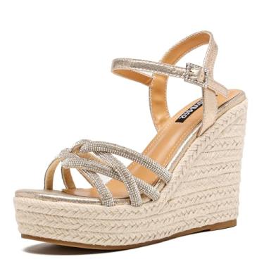 Imagem de ZodyBoer Sandálias femininas com strass de salto alto, salto alto para o verão, alpargata de plataforma elegante com tira no tornozelo, sapatos de festa confortáveis, Dourado, 36