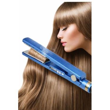 Imagem de Chapinha Prancha Alisadora de Cabelo Profissional, Azul, Placas de Titânio, Controle de Temperatura 450F