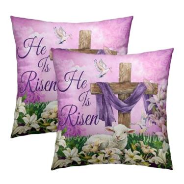 Imagem de He is Risen Cross Capas de almofada cristãs 45,7 cm x 45,7 cm Conjunto de 2 fronhas de almofada de primavera de páscoa flores de lírio religioso algodão cordeiro capa de almofada quadrada feliz