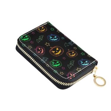 Imagem de Carteira feminina à prova de digitalização, carteira de couro para cartão de crédito, bloqueio de RFID, cor neon, abóbora, preta, com zíper, porta-moedas com chaveiro