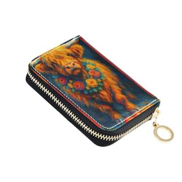 Imagem de Carteira minimalista feminina pequena com protetor de cartão de crédito com bloqueio de RFID, linda vaca highland floral, bolsa de moedas com zíper e chaveiro