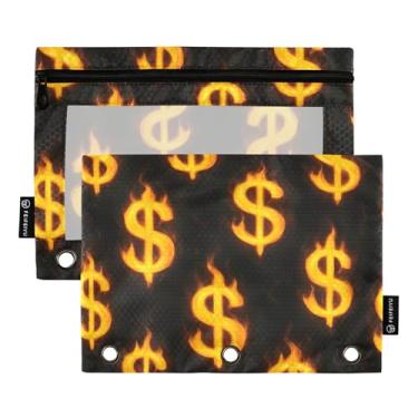 Imagem de Bolsa de lápis engraçada para fichário de 3 anéis, sinais de dólar amarelos, pasta preta com zíper, bolsa para lápis, fichários escolares, bolsos transparentes, armazenamento de 25 x 18 cm, 2 pacotes