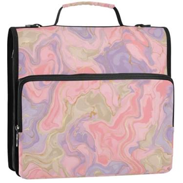 Imagem de Organizador de fichário com zíper pastel, mármore, redemoinho, rosa, 3 anéis, 3 anéis, bolsa fofa com alça para portfólio escolar, suporte para 500 folhas, 34,5 x 31,5 x 9 cm