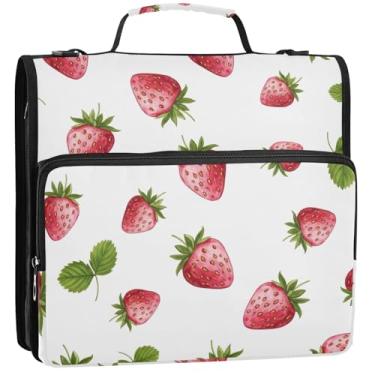 Imagem de 3 fichários para fichários de 3,88 cm D pintado de morangos rosa organizador com zíper bolsa de fichário para ensino médio com alça para estudantes, vários bolsos, pasta grande, 34,5 x 31,5 x 9 cm