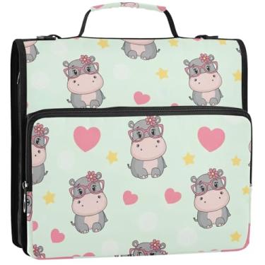 Imagem de Lindos desenhos animados hipopótamos com cabeça de flor de 3 cm, 3 anéis, organizador de fichários resistentes com zíper, bolsa escolar com alça de ombro, suporte para 500 lençóis, 34,5 x 31,5 x 9 cm