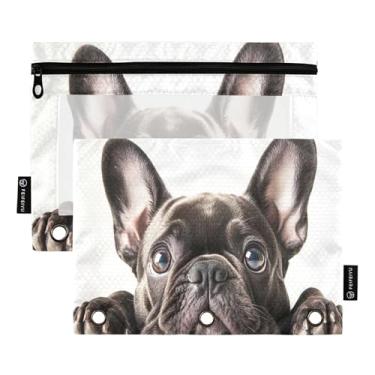 Imagem de GAIGEO Pasta de lápis com 3 argolas para fichário bonito buldogue francês close-up com zíper bolsas rosa pastas escolares bolsos transparentes tecido 25 cm x 18 cm, 2 pacotes