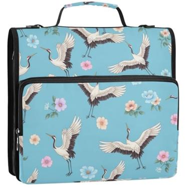 Imagem de Pasta organizadora de fichário rosa com zíper com 3 anéis de 3,8 cm, guindastes elegantes, flores, azul, pasta de armazenamento com alça para fichário do ensino médio com alça, 34,5 x 31,5 x 9 cm