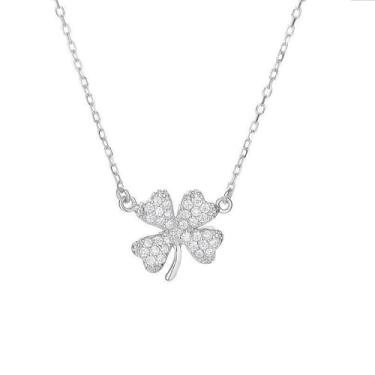 Imagem de Dtja Colar com pingente de flor de trevo de cristal para mulheres, corrente de trevo em tom de prata, gargantilha, ajustável, dia de São Patrício, aniversário, casamento, presente de 45,7 cm