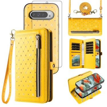 Imagem de Asuwish Capa de telefone para Google Pixel 9 Pro XL carteira com zíper destacável capa celular protetor de tela de vidro temperado alça transversal flip bling titular cartão de crédito Pixel9 9Pro