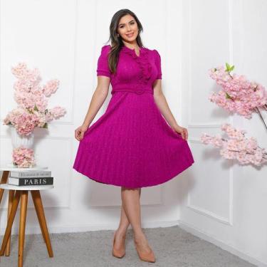 Imagem de Vestido Midi Gode Feminino Basico + Cinto Incluso C/Botão de Enfeite T