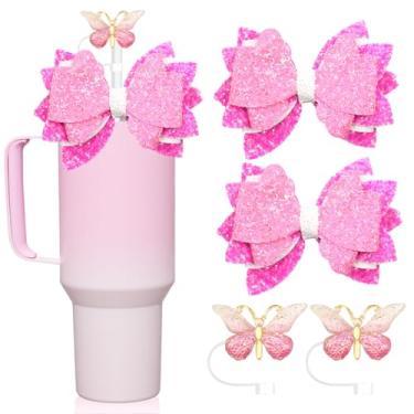 Imagem de 4 peças de topos de canudo de laço para copo Stanley 40 e 850 g, capas de palha de silicone de borboleta reutilizáveis para acessórios Stanley Tumbler (rosa)