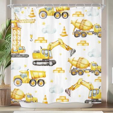 Imagem de Riyidecor Cortina de chuveiro de construção para meninos, 182 cm L x 182 cm A, desenho animado, trator, caminhão, aquarela, escavadeira, nuvem, branca, crianças, berçário, banheiro, decoração, tecido