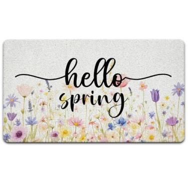 Imagem de Exqcom Tapete de porta Hello Spring, tapete floral de primavera, entrada interna e externa, tapete de boas-vindas floral floral Cottagecore para porta da frente externa, 43 x 76 cm
