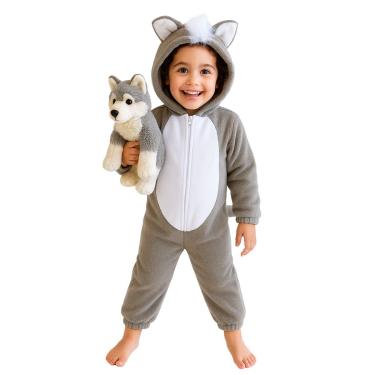 Imagem de Macacão Fantasia Infantil Lobo Cinza de Pelúcia com Capuz